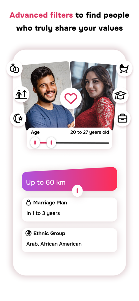 Interface of the Muslimeet app showing advanced search filters for age, distance, marriage plans, and ethnic group.