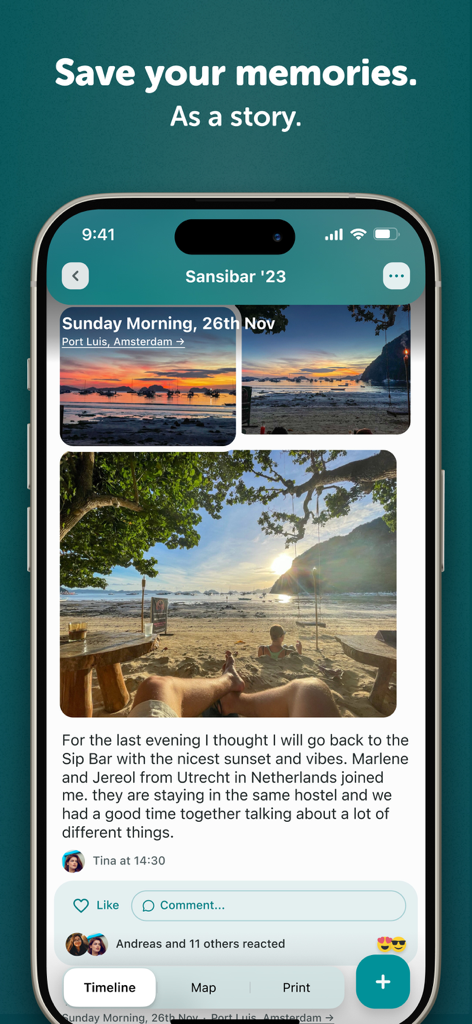 Journi Blog - Travel tracker - A digital travel journal timeline in the Journi app featuring sunset beach photos and travel stories