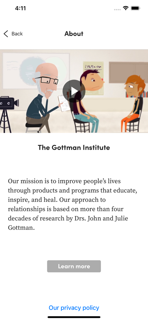 About page of the Gottman Card Decks app featuring the mission of The Gottman Institute