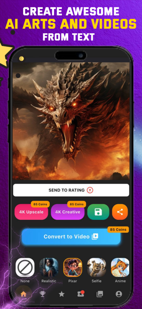 Text to Image AI Generator Art - Mobile app screen showing a fiery AI generated dragon with options for 4K upscaling and video conversion