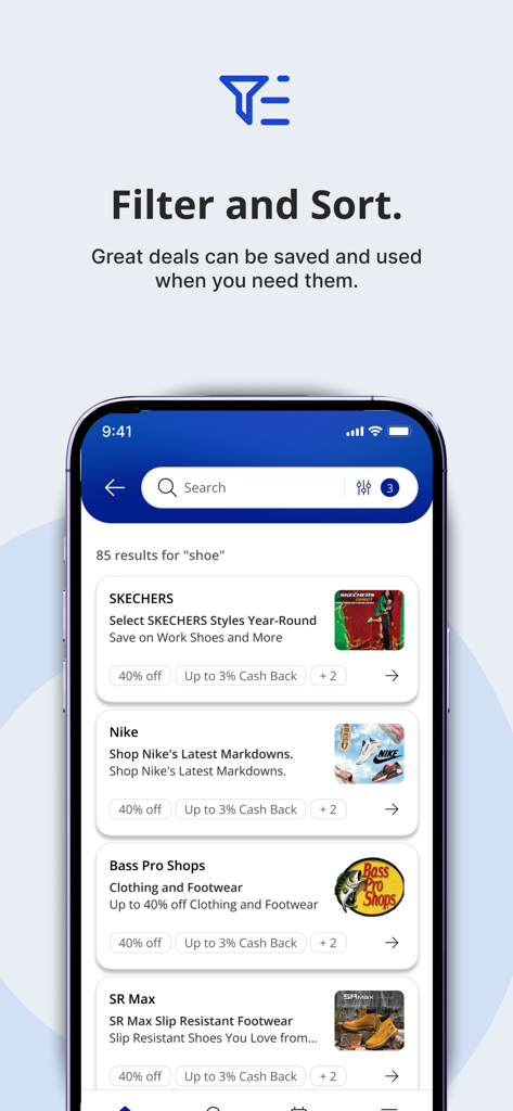 BenefitHub app search results showing shoe discounts and cashback offers with filter and sort options