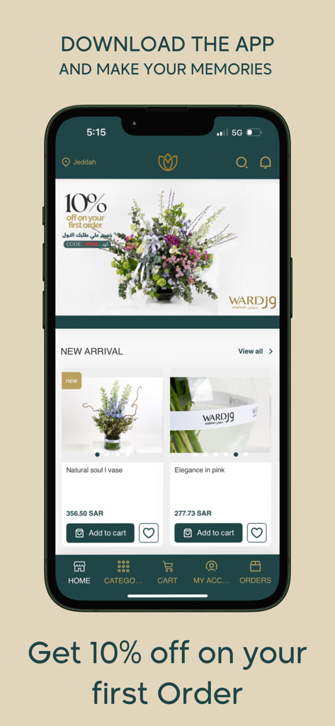 Écran d'application mobile Ward Station montrant des arrangements de fleurs et une offre de réduction de dix pour cent sur la première commande.