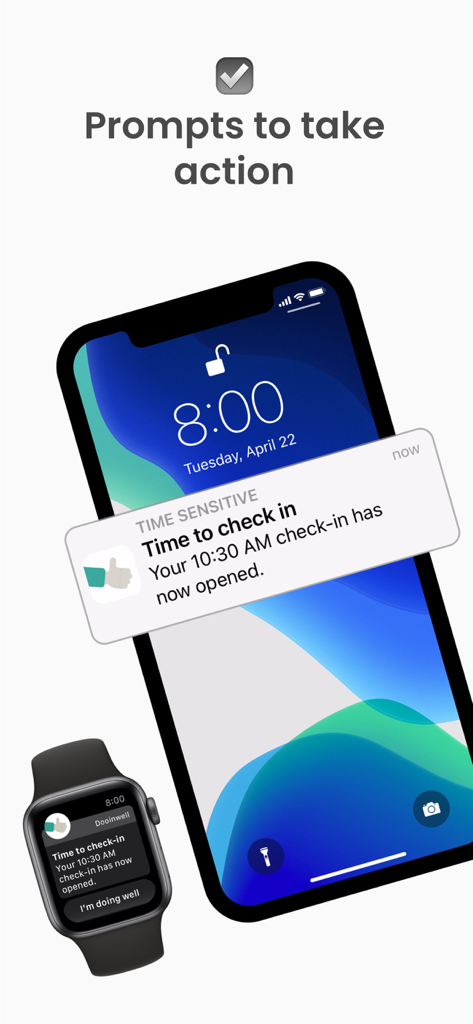 Dooinwell – Daily Check-in - Dooinwell app notifications on iPhone and Apple Watch prompting an older adult to check in