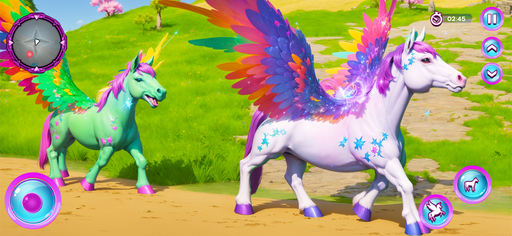 Pony Tales: Magical Realm - Two colorful winged unicorns walking through a sunny green meadow in the Pony Tales mobile game
