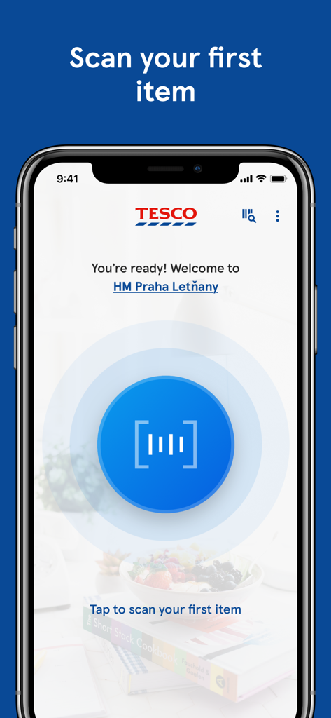 Scan&Shop mobile - Mobile app interface for Tesco Scan and Shop displaying a scan button and store welcome message