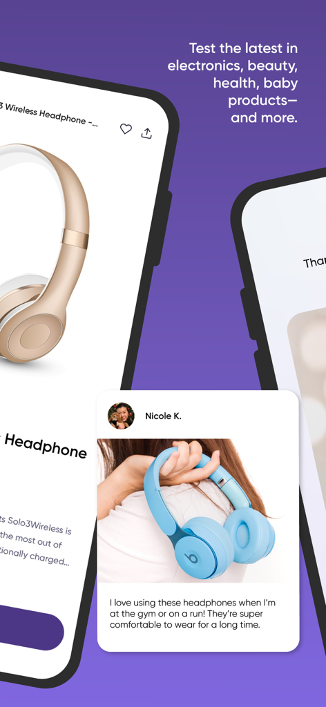 Influenster app screen showing a user review for wireless headphones with a photo and descriptive text.