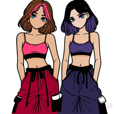 two girls with crop top with baggy pants