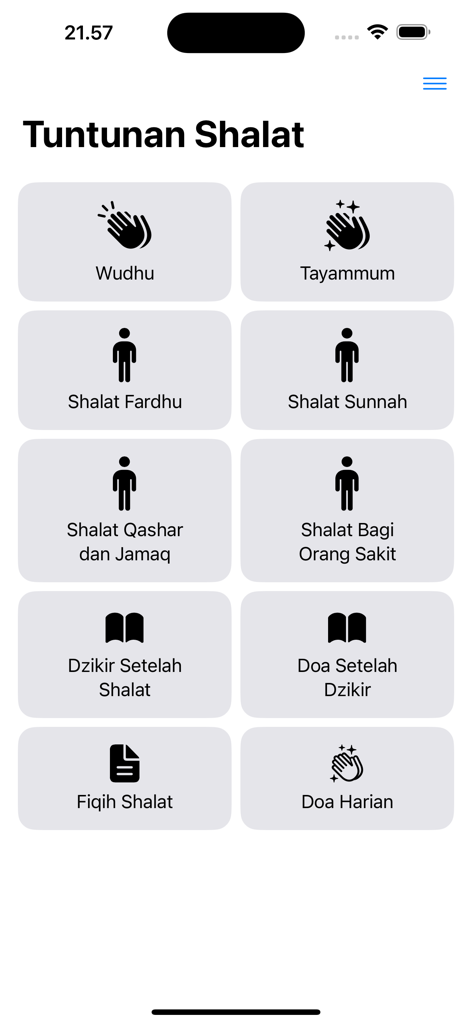 Tuntunan Shalat Lengkap - Main menu of the Tuntunan Shalat Lengkap app showing prayer guide categories with icons and Indonesian text.