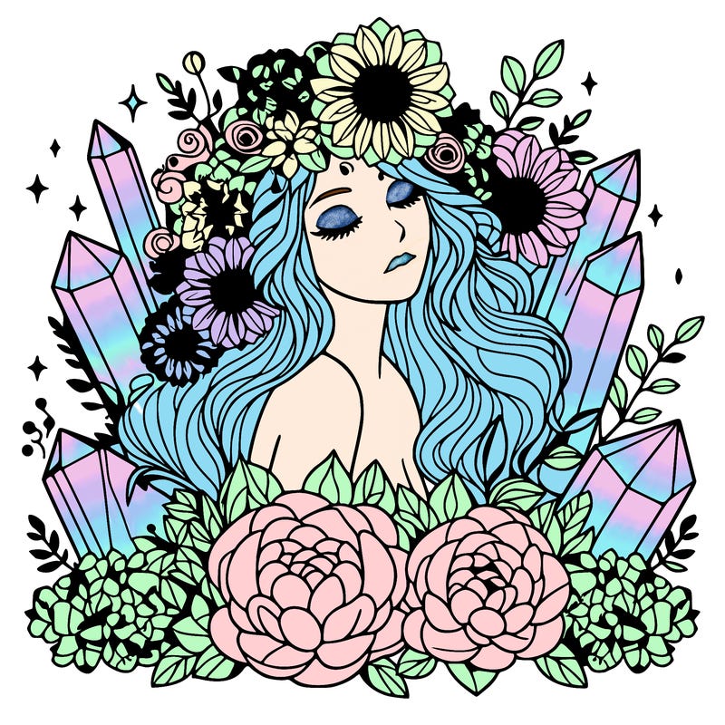 complex woman with flowers, crystals