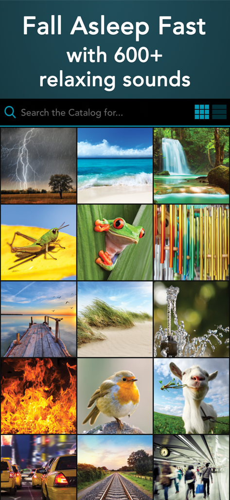 Sleep Sounds HQ: relaxing aid - A grid of high-definition images representing over 600 relaxing nature and city sounds in the Sleep Sounds HQ app