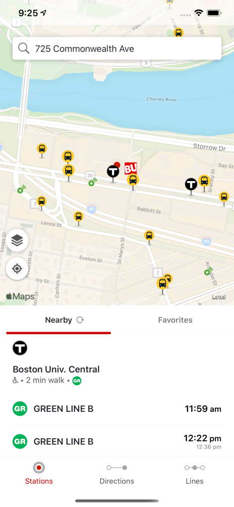 Terrier Transit app interface showing a campus map and real-time Green Line B arrivals at the Boston University Central station.