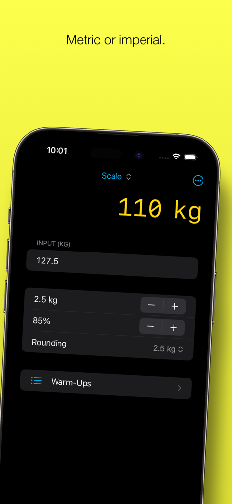 Lift Assist – Training Log - Interface de l'application Lift Assist montrant un calculateur de mise à l'échelle du poids en kilogrammes