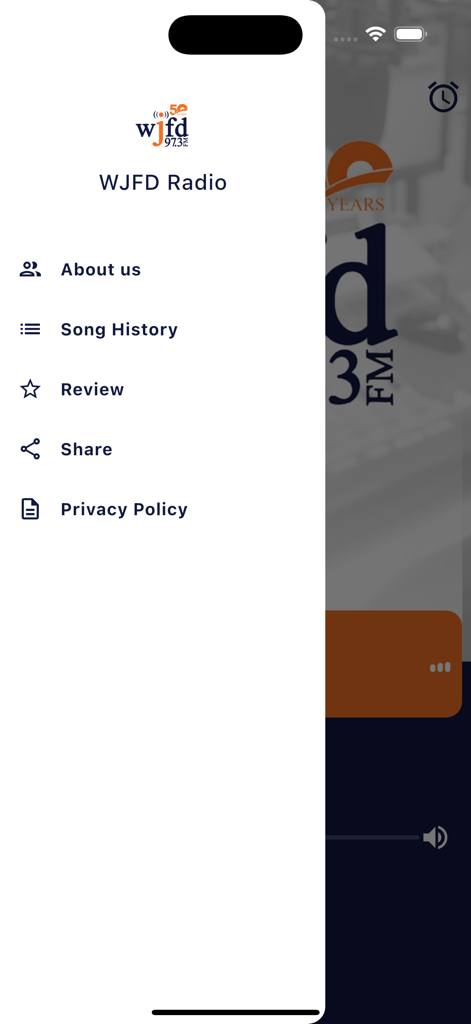 Side navigation menu of the Radio WJFD app showing About Us and Song History options