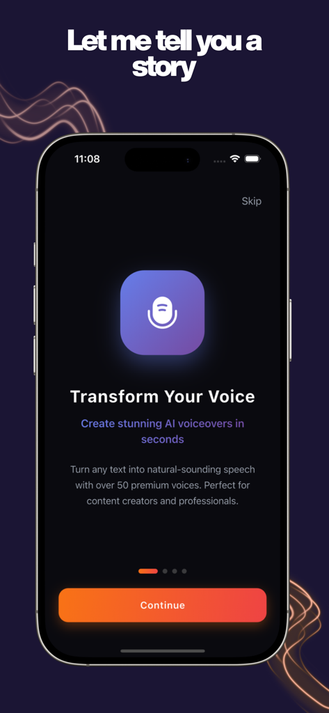 Revoicer AI app onboarding screen showing text to speech voiceover features for content creators.