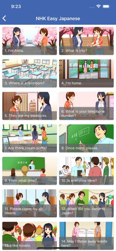 Learn Japanese - jHami - NHK Easy Japanese lessons showing a grid of illustrated conversation scenes and phrases