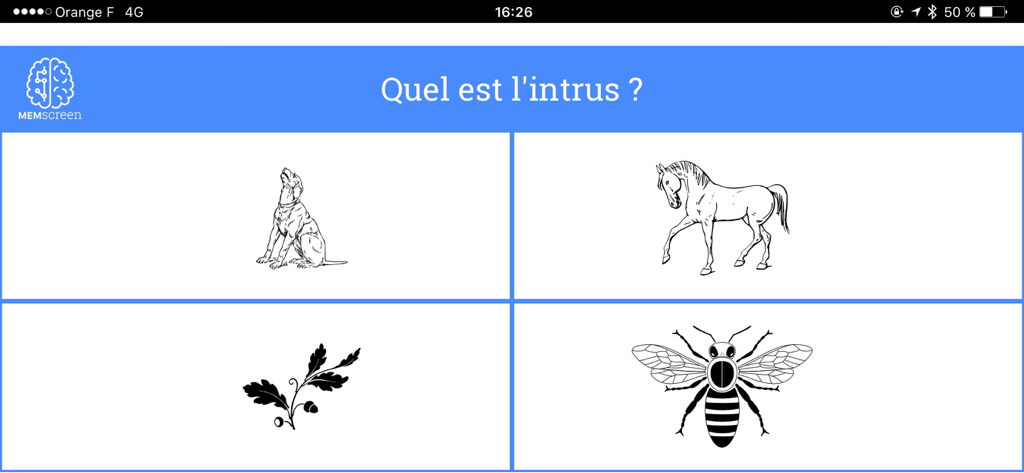 MemScreen app interface showing a cognitive test asking to identify the odd one out among four drawings