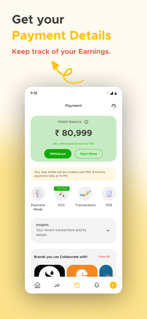A screenshot of the Kofluence app payment dashboard showing a wallet balance and earnings tracking features for micro-influencers.
