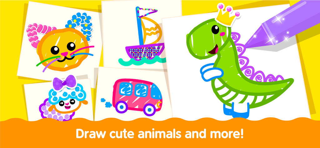 Kids Drawing Games & Coloring - Colorful drawings of a dinosaur, cat, and vehicles in the Kids Drawing Games app