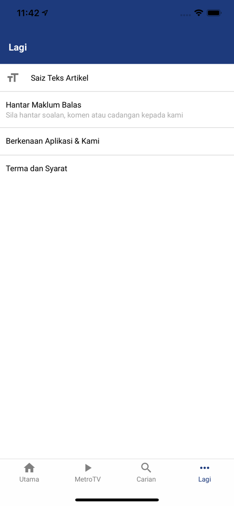 Harian Metro Mobile - Harian Metro Mobile app settings screen showing options for text size feedback and terms of service