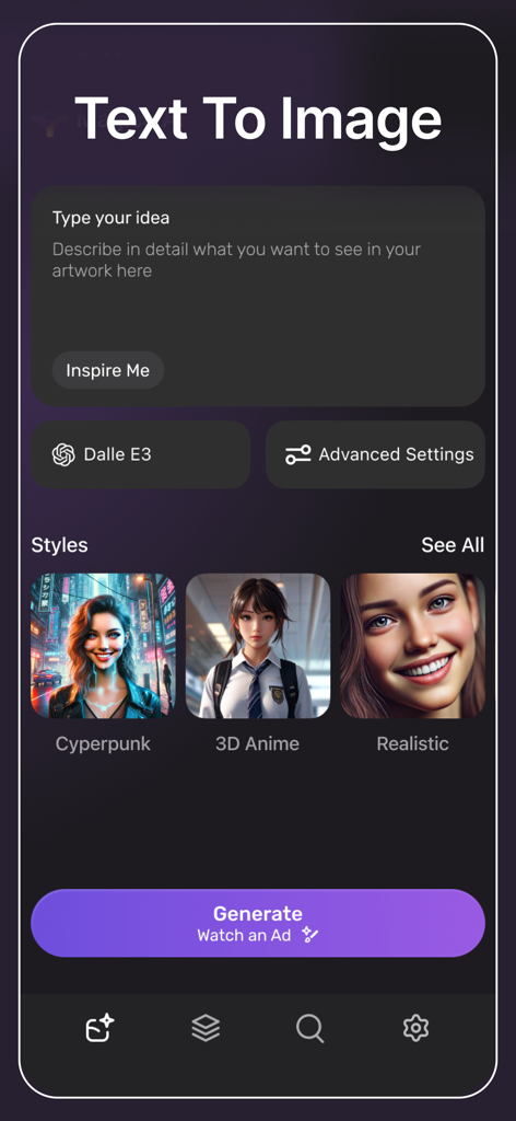 AI Image Generator - Magica - Dalle E3 모델 및 다양한 예술 스타일과 함께 텍스트-이미지 프롬프트 입력을 보여주는 Magica AI 앱 화면
