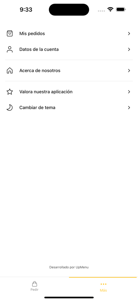 Carl's Jr. Chihuahua - Menú de configuración e información en la app Carl's Jr. Chihuahua mostrando opciones como mis pedidos y detalles de cuenta.