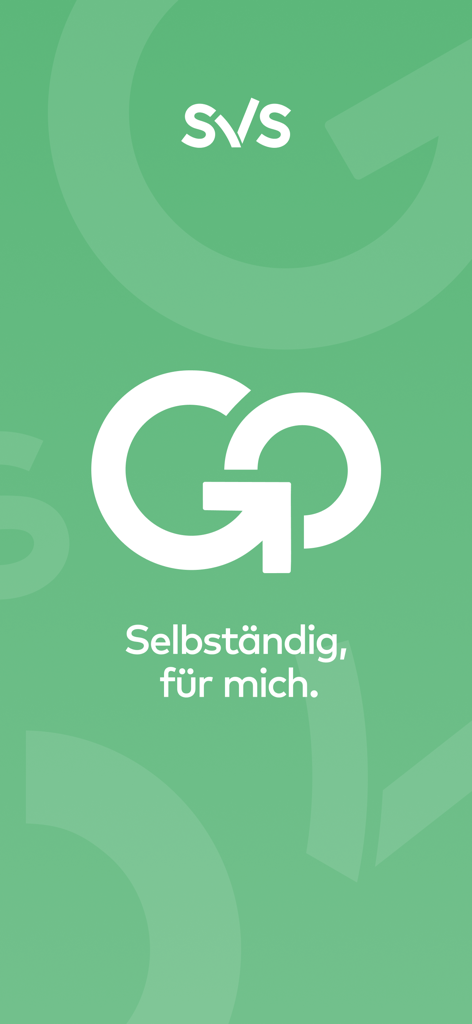 The svsGO app welcome screen with the SVS logo and the slogan Selbständig für mich on a green background