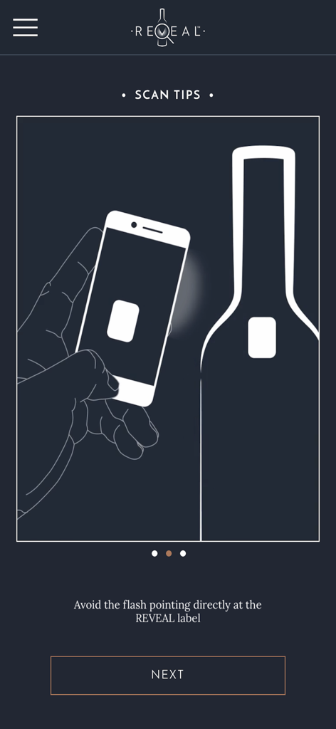 Hennessy Reveal App - Instructional screen showing how to scan a Hennessy bottle label for authenticity verification