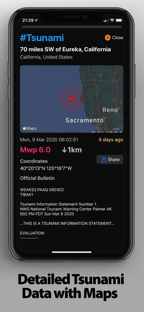 EarthQuake+ - Screenshot der EarthQuake App, der eine Tsunami-Warnung für Kalifornien mit einer Standortkarte und Magnitudendetails anzeigt