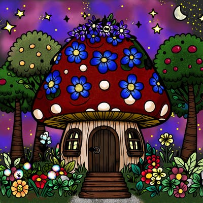mushroom house covered in flowers
