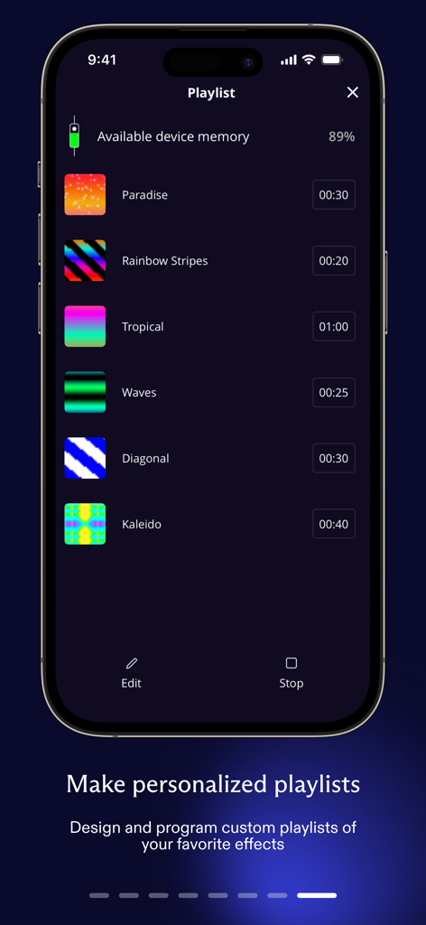 Twinkly app screenshot showing the interface for creating and managing personalized lighting effect playlists.