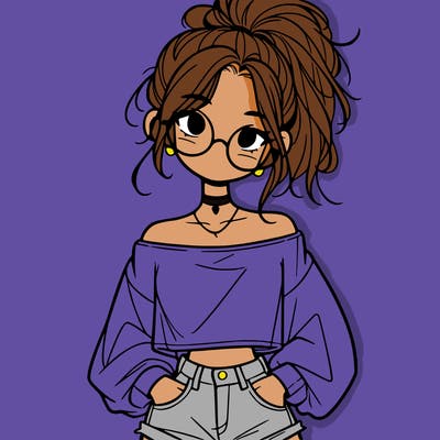 girl with a messy ponytail glasses a baggy crop top and jean shorts