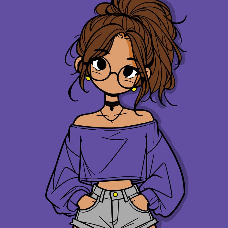 girl with a messy ponytail glasses a baggy crop top and jean shorts