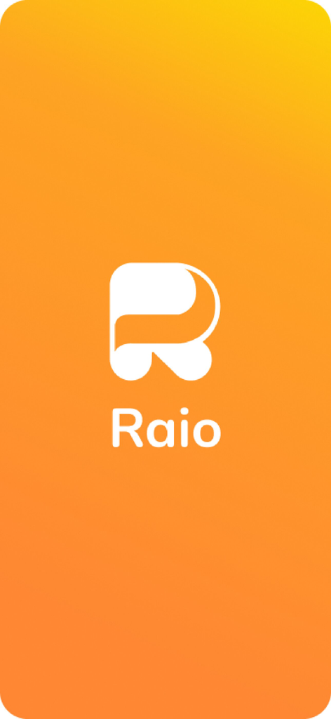 RAIO App - White RAIO app logo on an orange gradient background