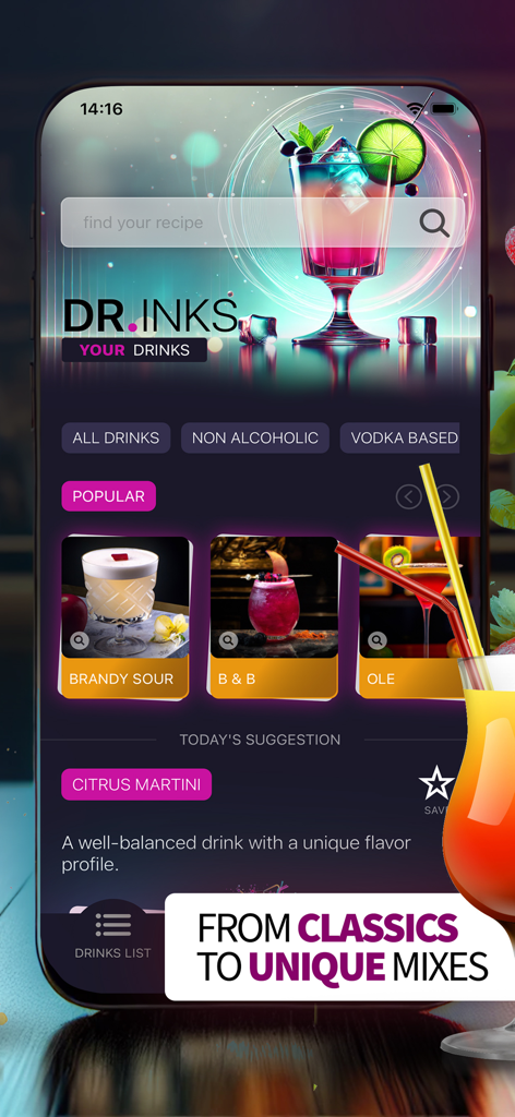 The home screen of the dr.inks app featuring cocktail recipes search bar and drink categories