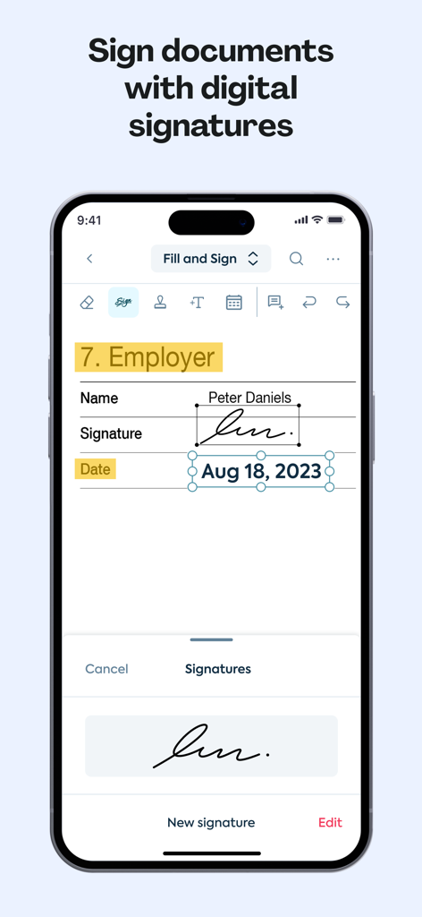 Lumin: View, Edit, Share PDF - Pantalla de iPhone mostrando la interfaz de la aplicación Lumin para firmar documentos con firmas digitales