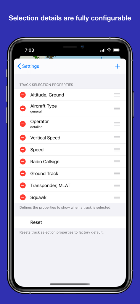 Interface showing customizable track selection properties in the OpenADSB flight tracker app