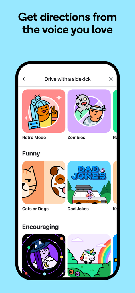 A mobile screen showing various fun navigation voice and mood options in the Waze app like Retro Mode and Zombies
