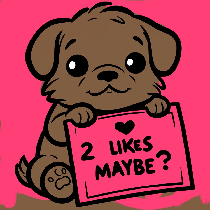 a puppy holding a sign that says 2 likes maybe?