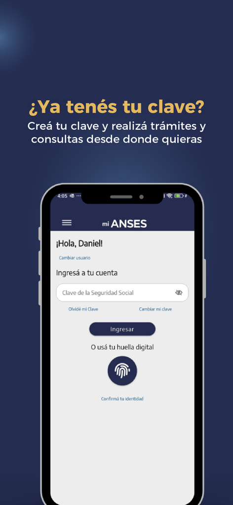 Pantalla de inicio de sesión de la app mi ANSES con opciones de huella dactilar biométrica y contraseña de seguridad social