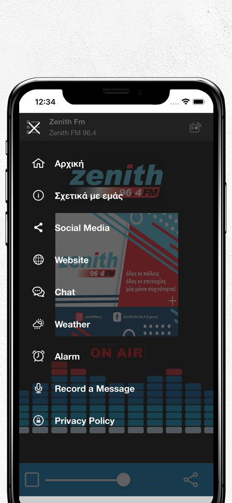 Zenith FM mobile app interface showing the navigation menu with options for weather alarm and social media