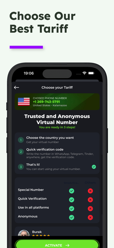 Una interfaz de smartphone mostrando un número de teléfono virtual de EE. UU. elegido y una guía de tres pasos para verificación anónima por SMS.