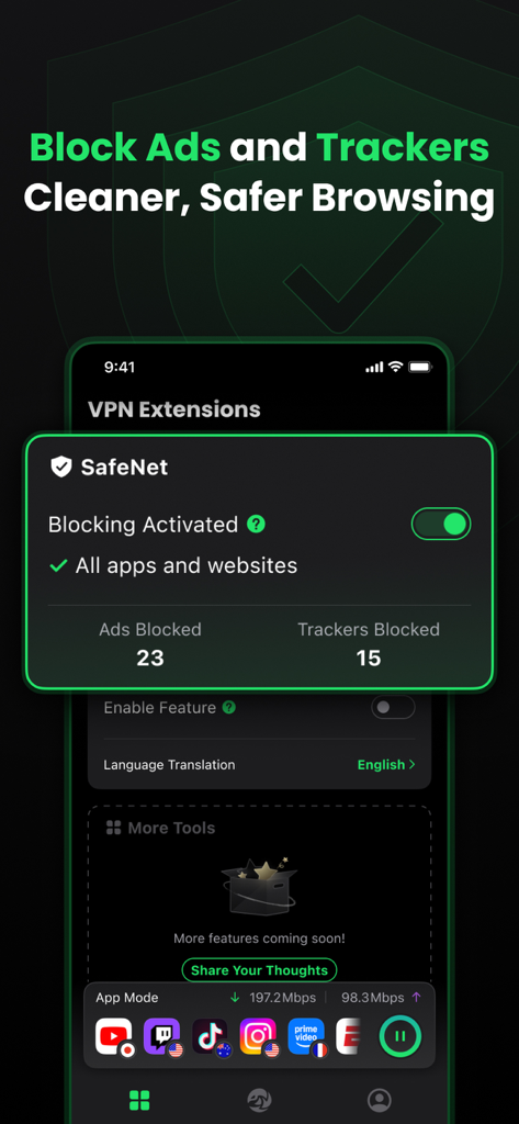 SafeShell VPN: Fast & Secure - SafeShell VPN app interface showing the SafeNet feature with ad and tracker blocking activated for all apps and websites.