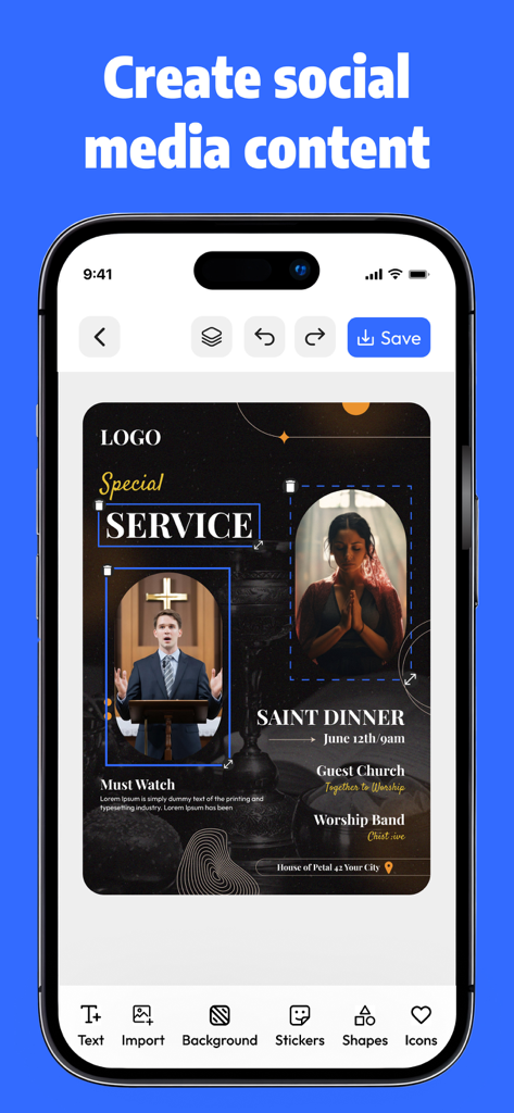 Poster Maker, Flyer Creator - ソーシャルメディアポスターやフライヤーを作成するためのグラフィックデザインアプリインターフェースを表示するiPhone。