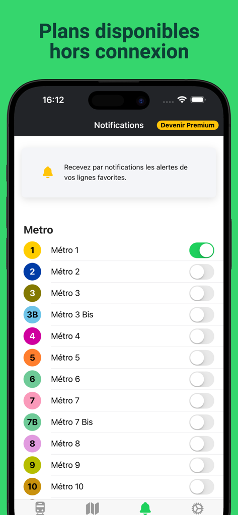 Ma Ligne - Trafic Metro & RER - Notification settings screen in the Ma Ligne app for Paris Metro lines