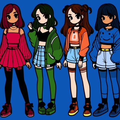 one girl with crop-top shirt and a jacket with a skirt, long socks and another girl with a shirt and pants with a jacket