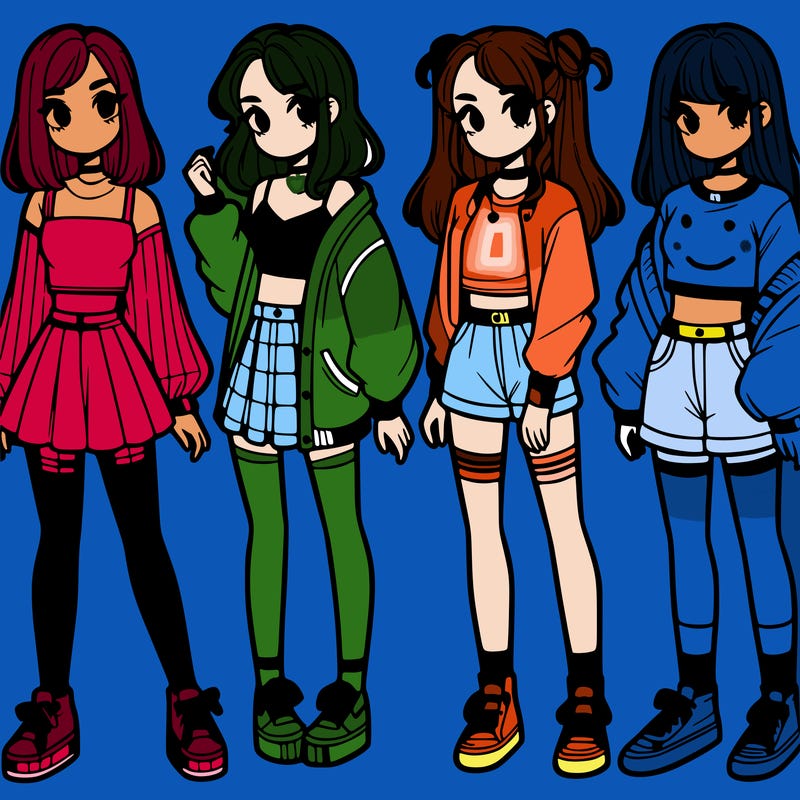 one girl with crop-top shirt and a jacket with a skirt, long socks and another girl with a shirt and pants with a jacket