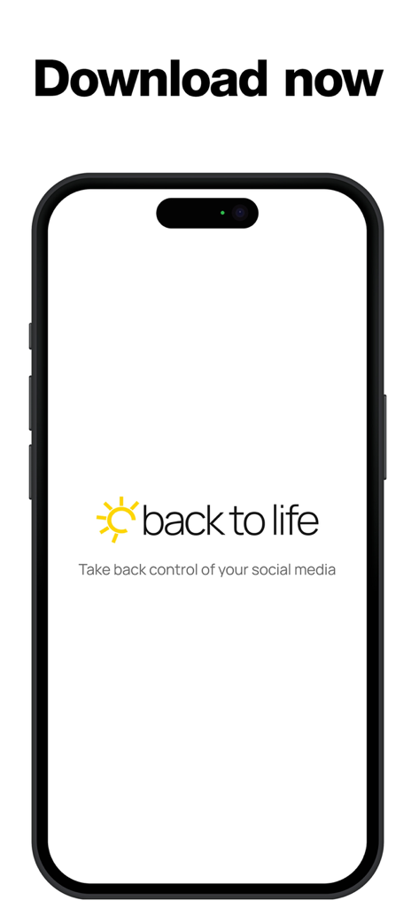 BackToLife Feed - Tela de download do aplicativo BackToLife mostrando logotipo e slogan recupere o controle de suas redes sociais