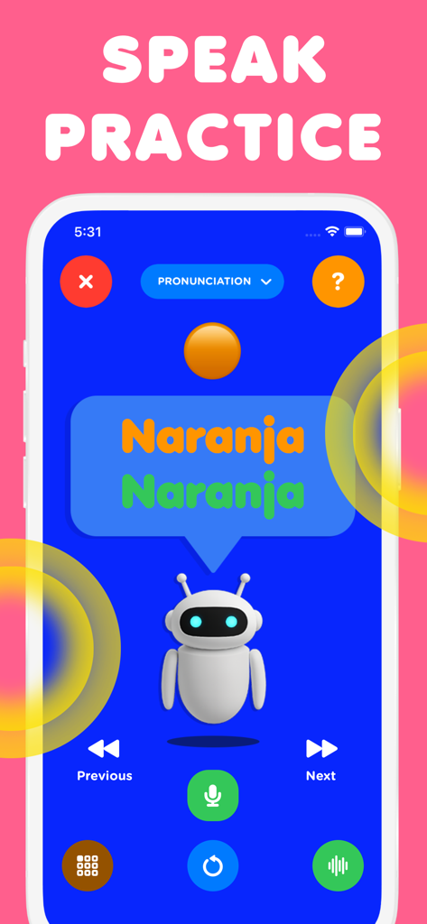 Spanish for kids, Speak Pocket - Spanish for kids pronunciation practice screen with a friendly robot mascot