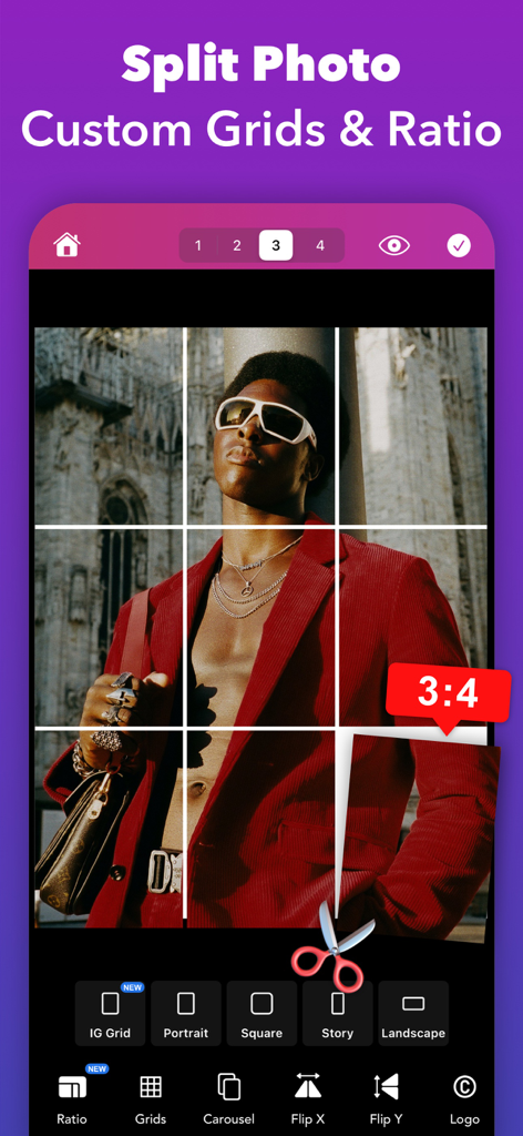 Griddy: Split Photo Grid Posts - Griddy mobile app interface for splitting a photo into an Instagram grid with a 3x4 aspect ratio.