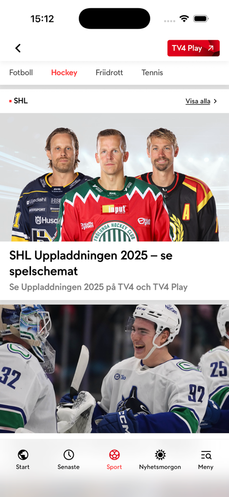 TV4 Nyheterna - Sezione sportiva di hockey dell'app TV4 Nyheterna con notizie sulla Svenska Hockeyligan.